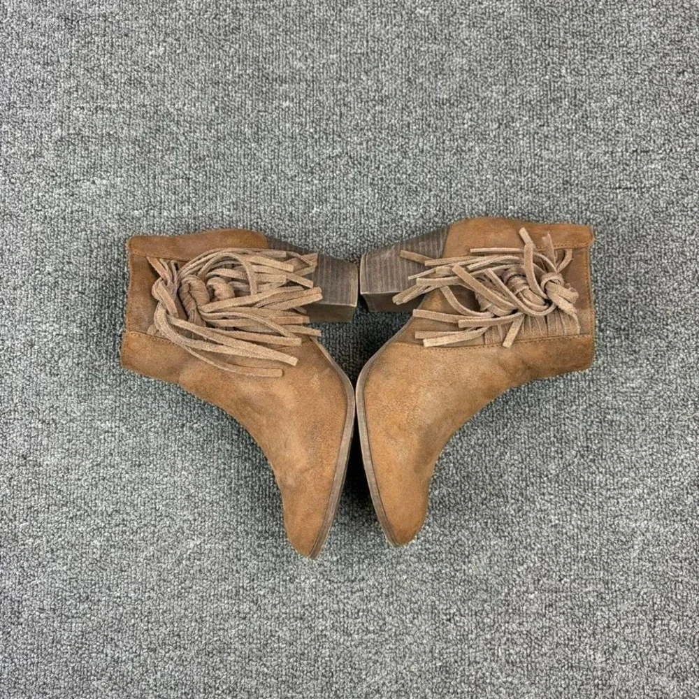 Women's Brown Suede Leather Fringe Tassel Heel Side Zip Booties Boots Size 6.5 M